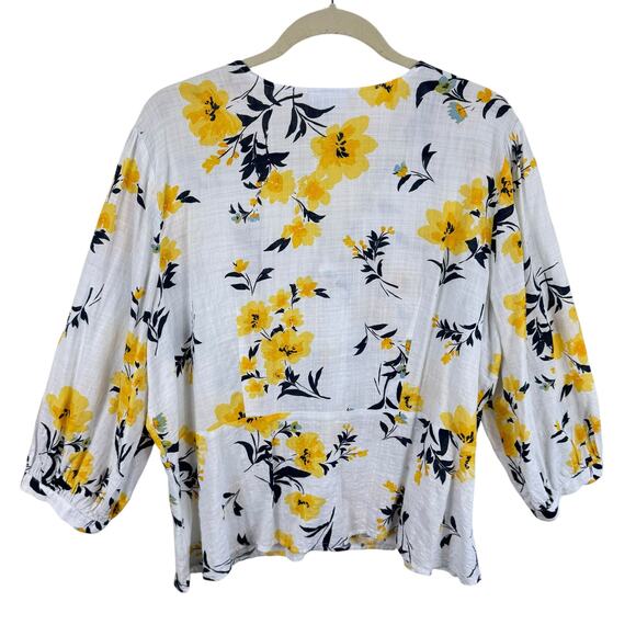 Liz Claiborne Yellow White Floral Print V-Neck 3/4 Sleeve Light Button Up Sz XXL - Picture 2 of 6